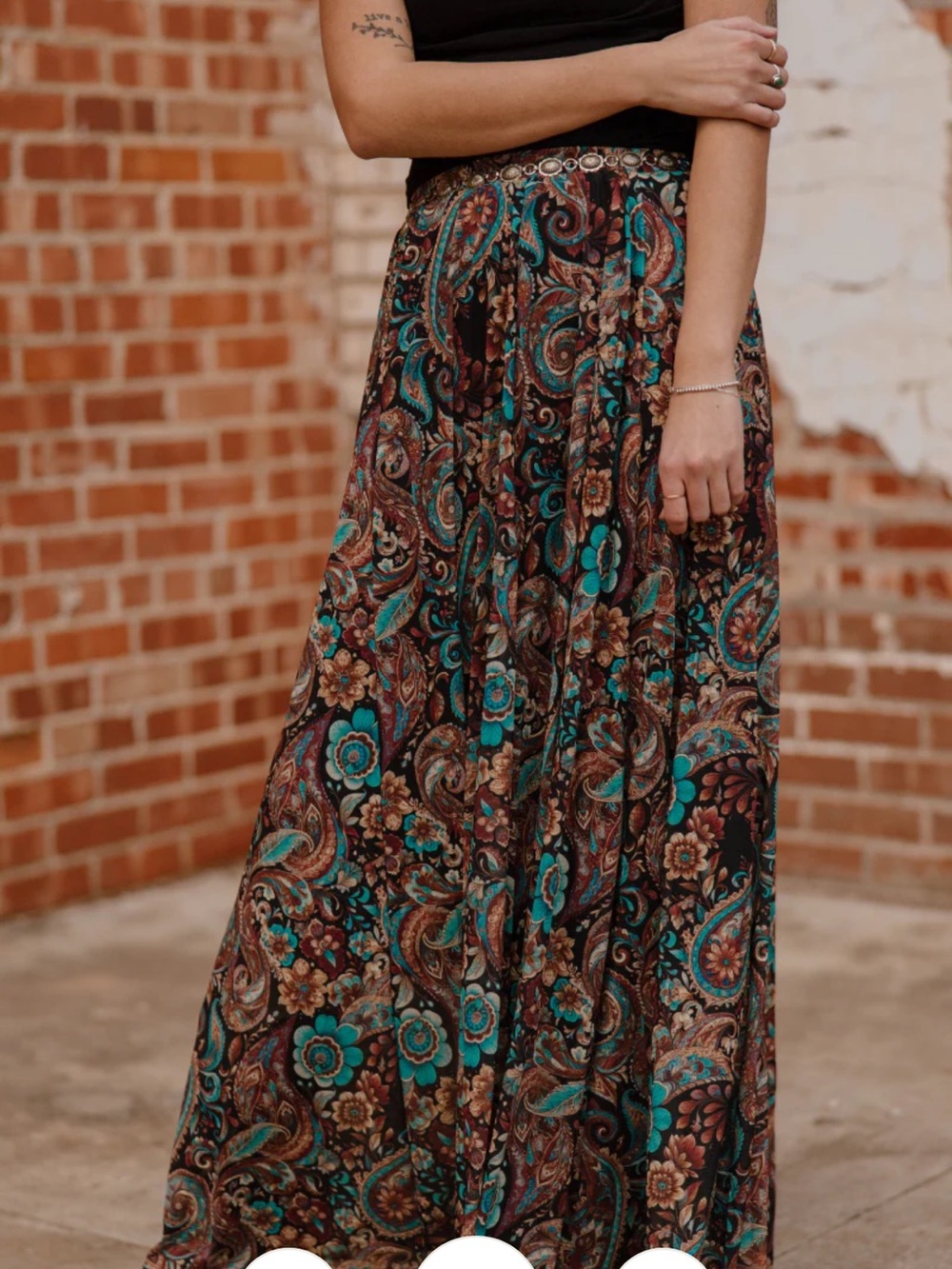 Paisley Teal and Brown Maxi Skirt with Elastic Waist